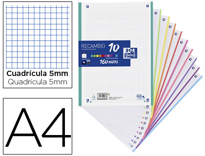 Recambio Oxford A4 160j 90g/m²  c/5mm. 4 taladros banda 10 colores